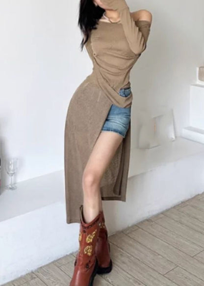 Brown One Shoulder Asymmetrical Side Open Silk Maxi Dresses Fall