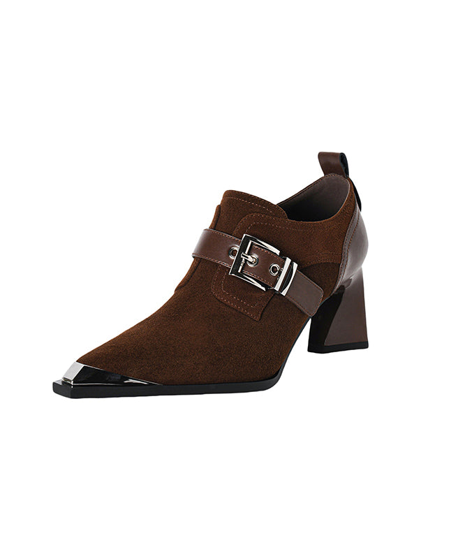 Splicing Chunky High Heels Brown Suede Pointed Toe