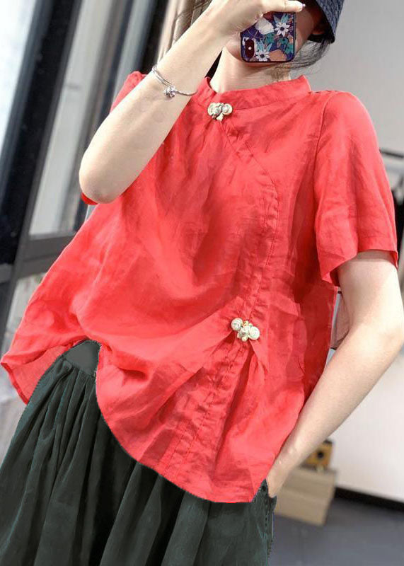 Pink Stand Collar Patchwork Bow Shirt Short Sleeve