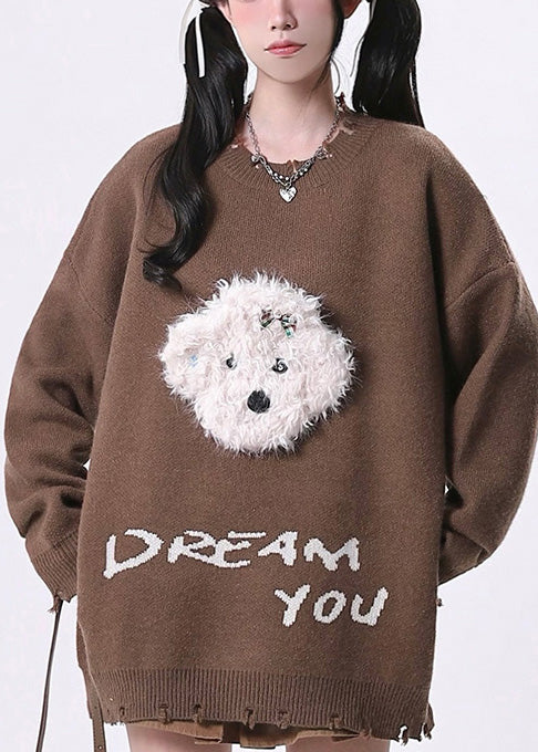Brown Oversized Dog Knit Sweaters Spring