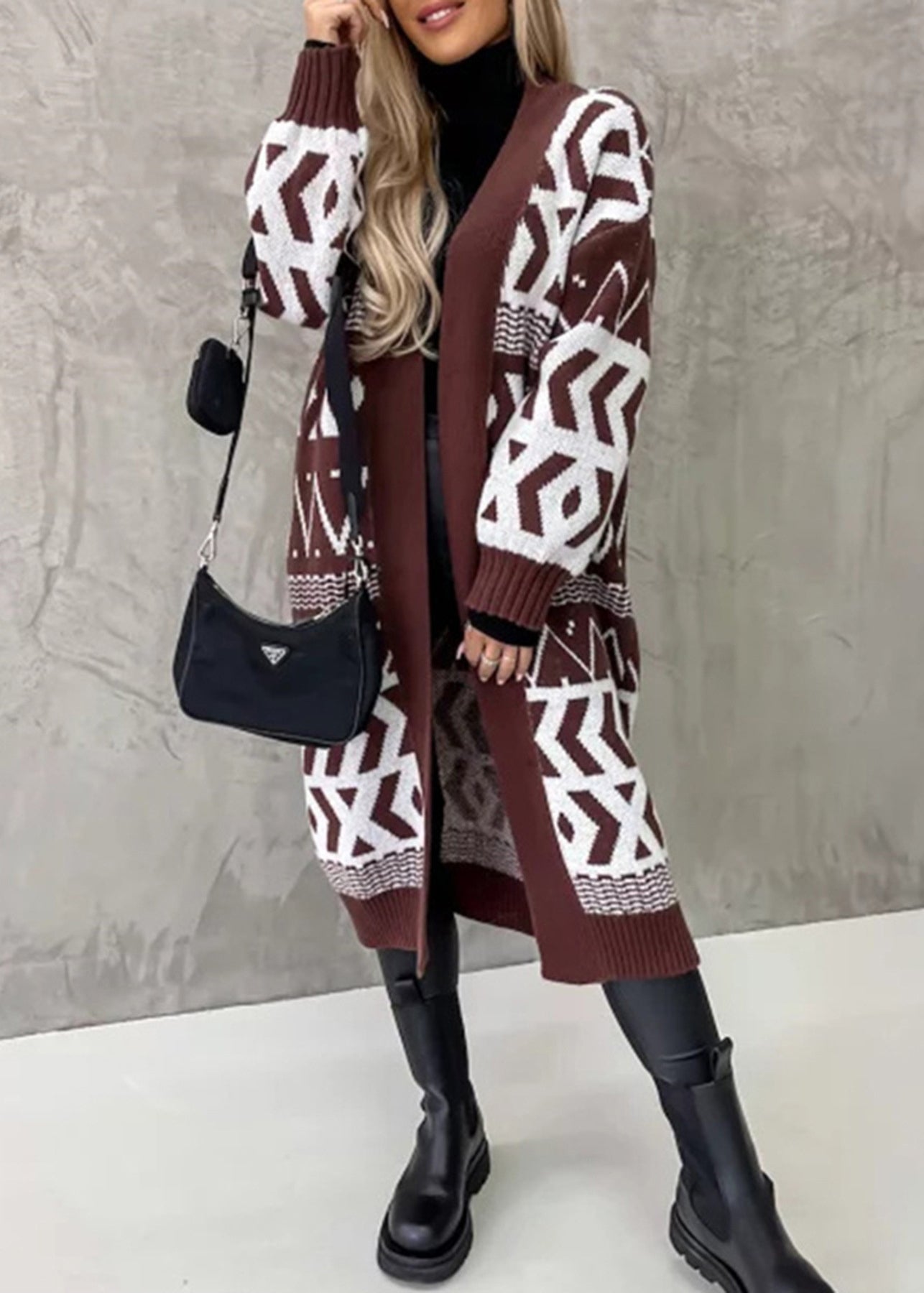 Black V Neck Geometric Jacquard Knit Cardigan Fall