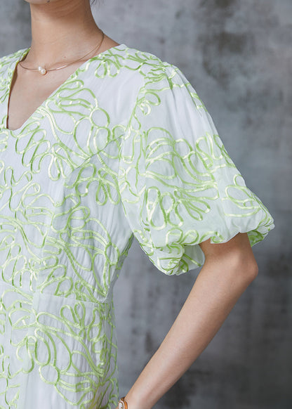 Green Embroidered Organza Robe Dresses Puff Sleeve