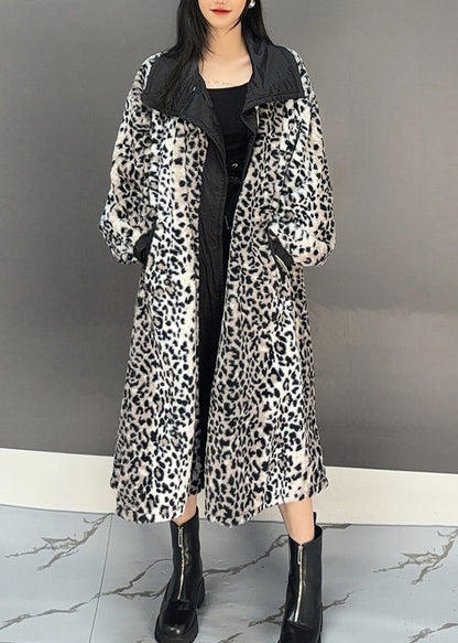 Dark Grey Leopard Patchwork Pockets Long Trench Coat Spring