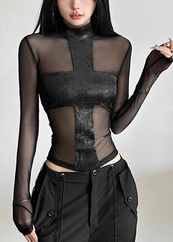 Black Turtleneck Sheer Tulle Top Spring
