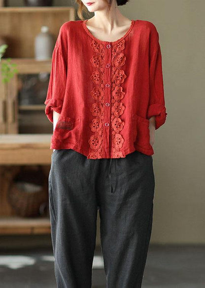 Modern Red Hollow Out Embroidered Pockets Fall Long Sleeve Shirt Tops