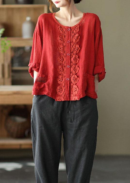 Modern Red Hollow Out Embroidered Pockets Fall Long Sleeve Shirt Tops