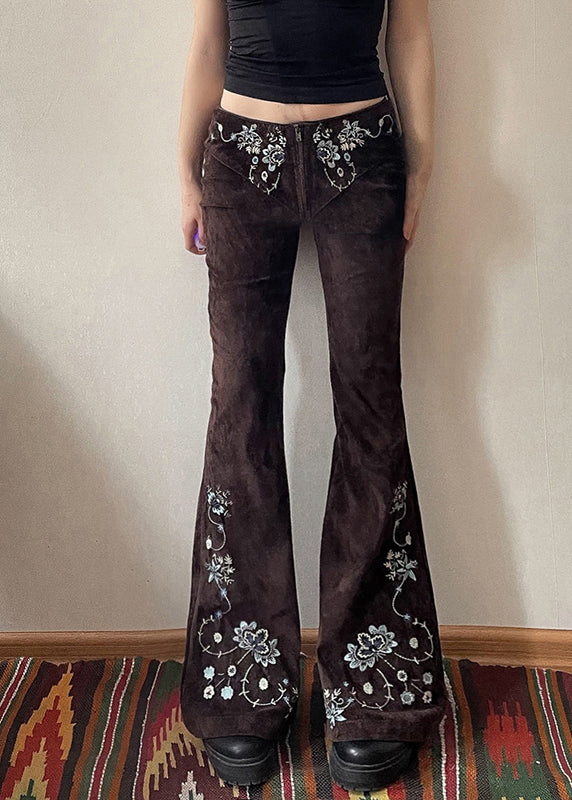 Slim Fit Chocolate Embroidered Denim Flared Trousers