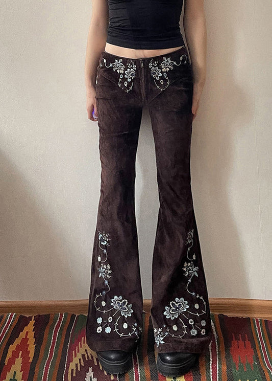 Slim Fit Chocolate Embroidered Denim Flared Trousers