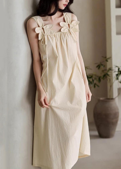 Beige Original Design Lace Up Cotton Long Dress Sleeveless