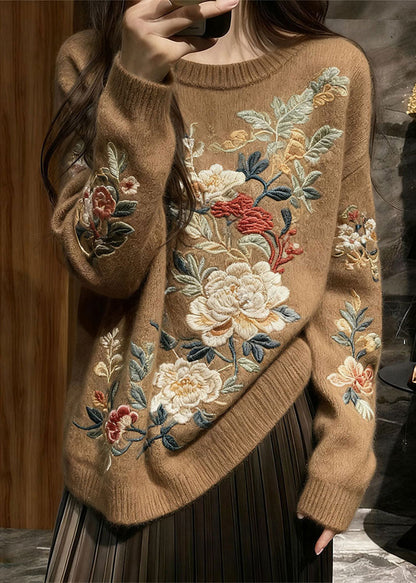 Brown Cozy Knit Knit Sweaters O Neck Fall