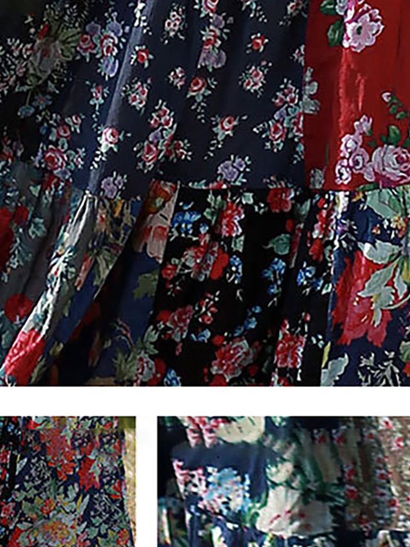 Retro Splicing Cloth Flower Printed Skirt