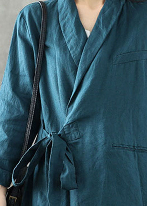 Blue Green Peter Pan Collar Tie Waist Linen Coats Long Sleeve