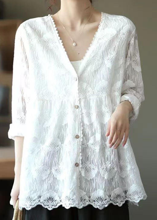 White V Neck Embroidered Lace Cardigans Tops Spring