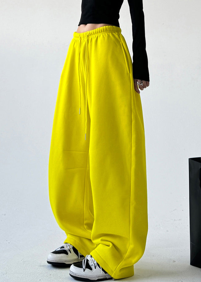 Yellow Patchwork Elastic Waist Warm Fleece Straight Pants Spring