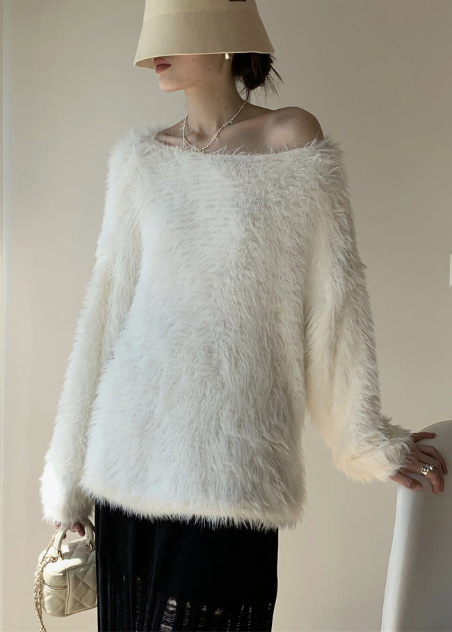 Simple White O-neck Mink Velvet Knit Sweater Winter
