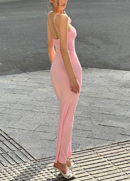 Slim Fit Pink Cold Shoulder Cotton Spaghetti Strap Dress Sleeveless
