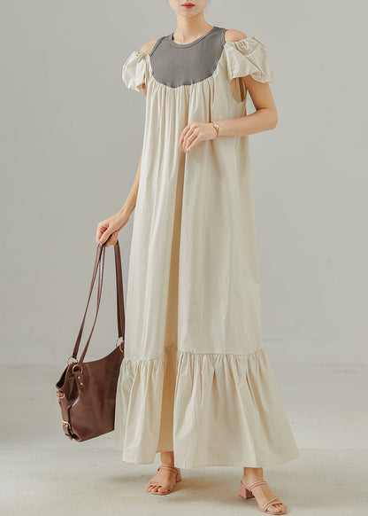 Apricot Cold Shoulder Patchwork Cotton Ankle Dress Summer