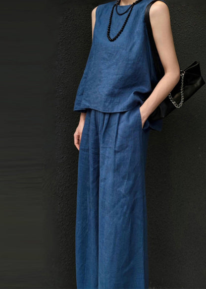 Blue Linen Vest and Wide Leg Pants Two Pieces Set Sleeveless