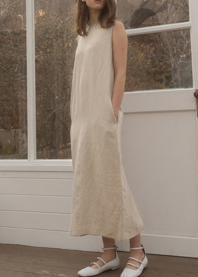 O Neck Pockets Simple Linen Long Dress Sleeveless