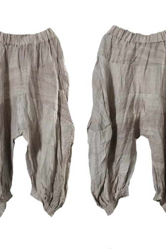 Linen Pleated Elastic Waist Pocket Lantern Pants