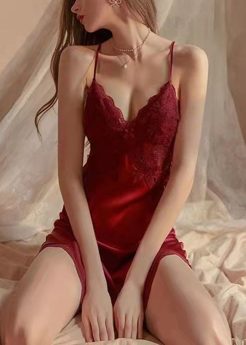 Red Backless Lace Patchwork Ice Silk Pajamas Mini Dress Sleeveless