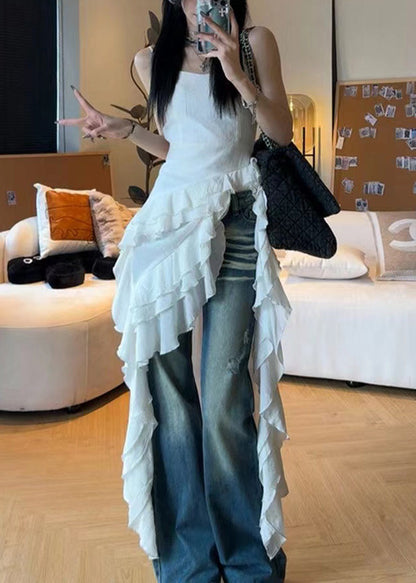 French White Ruffled Cotton Spaghetti Strap Dresses Sleeveless