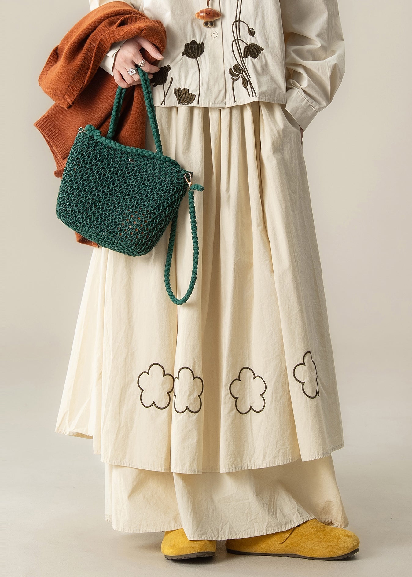 Art Beige Embroidered Exra Large Hem Cotton Skirt Spring