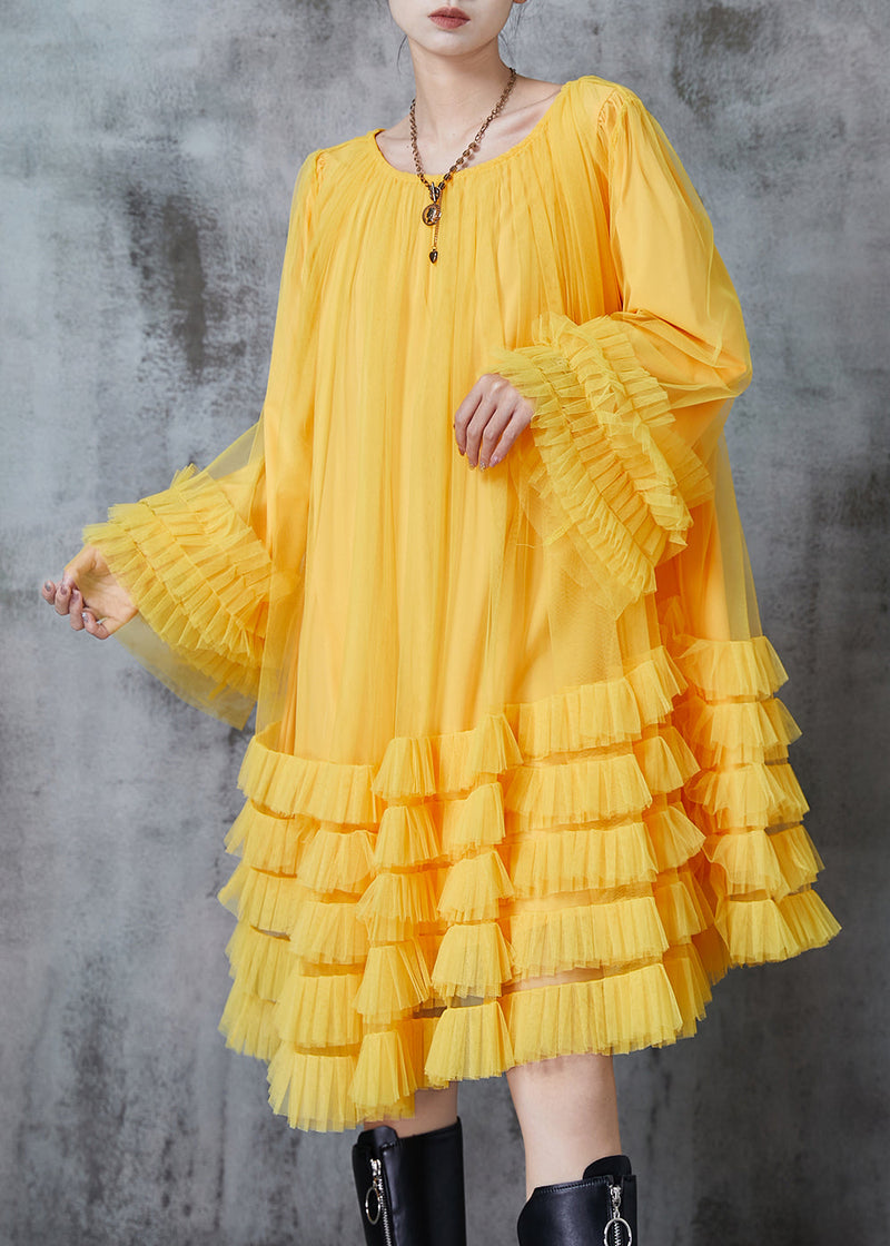 Yellow Oversized Ruffled Tulle Maxi Dresses Fall