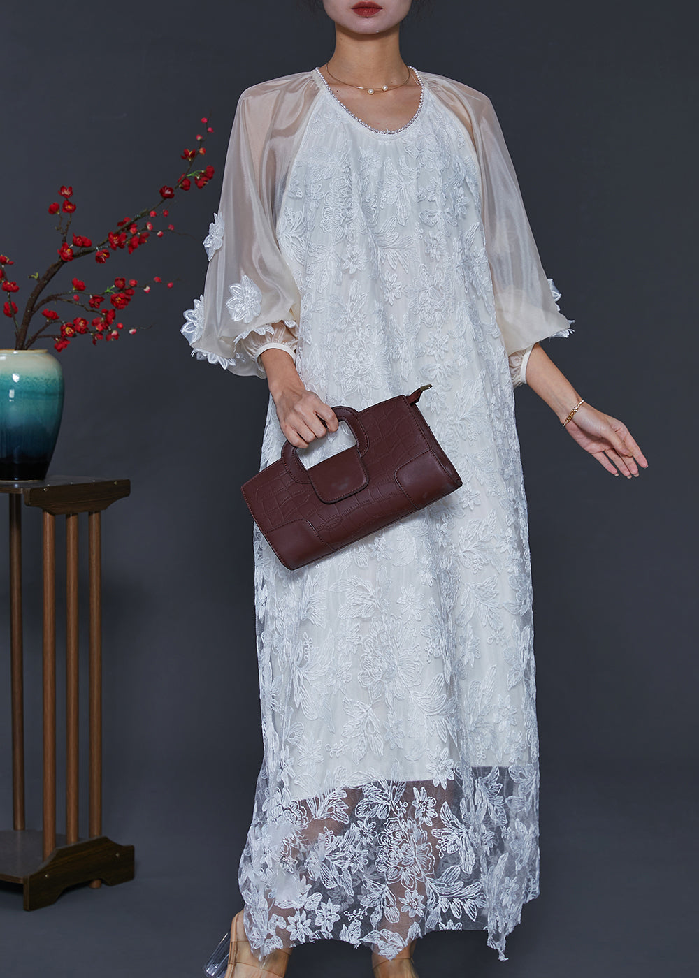 White Embroidered Tulle Robe Dresses Lantern Sleeve