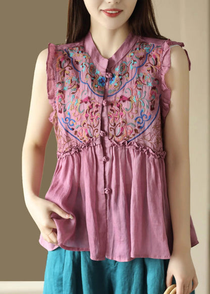 Art Pink Embroidered Ramie Shirts Sleeveless