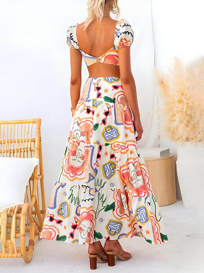 Wrap Summer Skirt and Printed Top Two-piece Suit