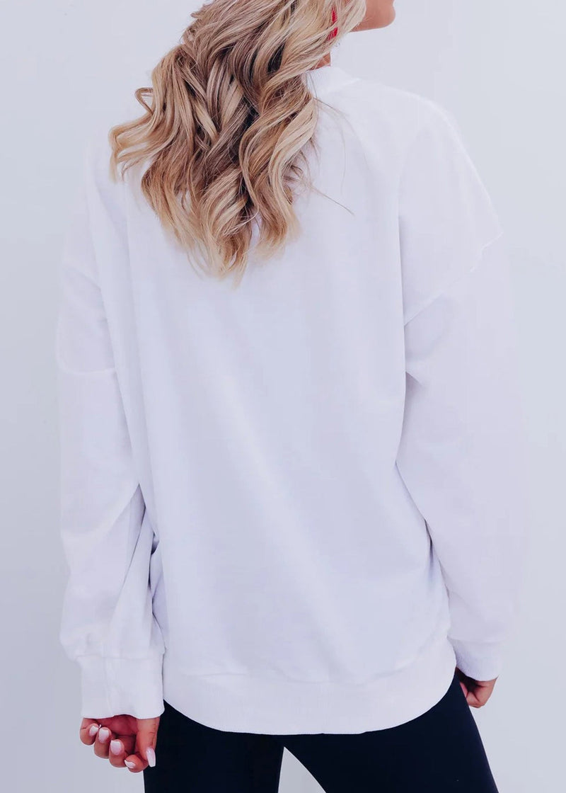 White Embroidered Sequins Cotton Sweatshirt Fall