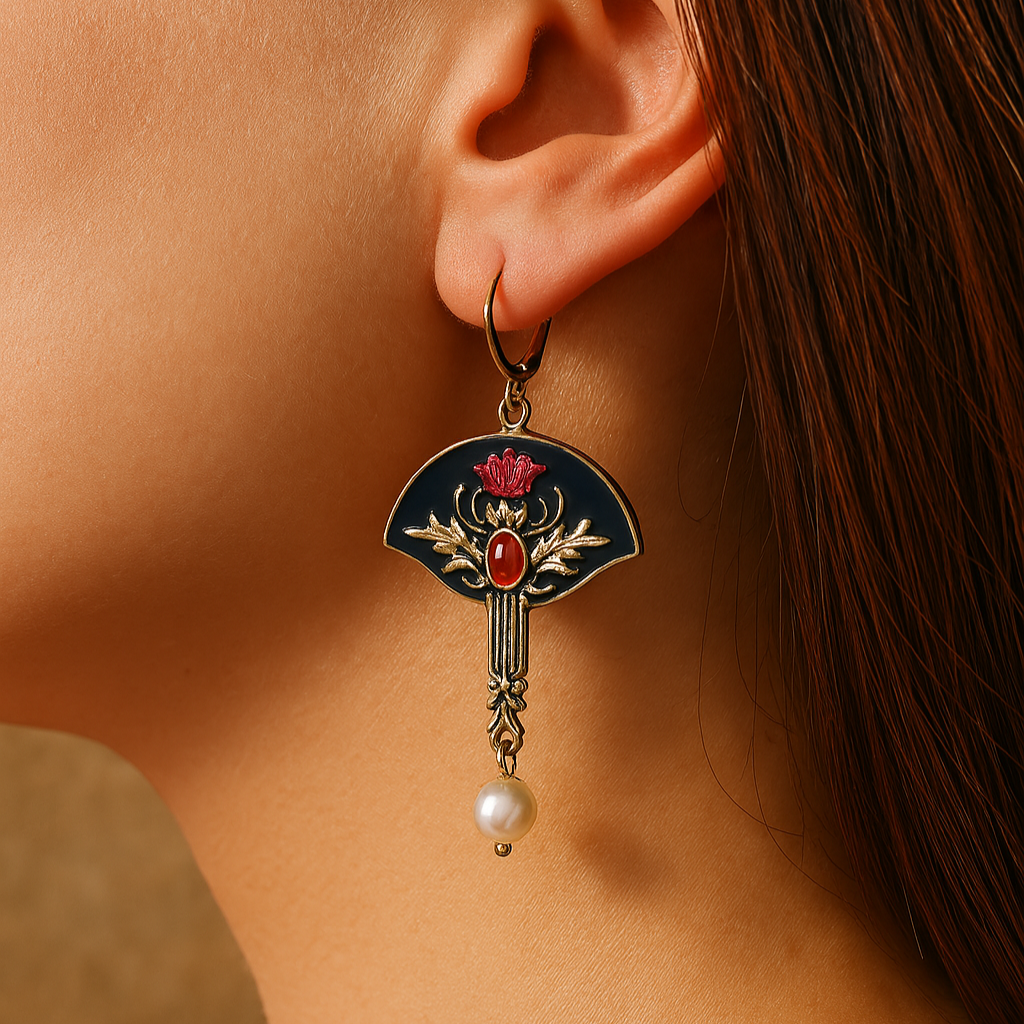 Earrings With Pearls and Red Crystal