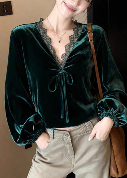 Peacock Green V Neck Lace Patchwork Silk Velvet Shirt Lantern Sleeve