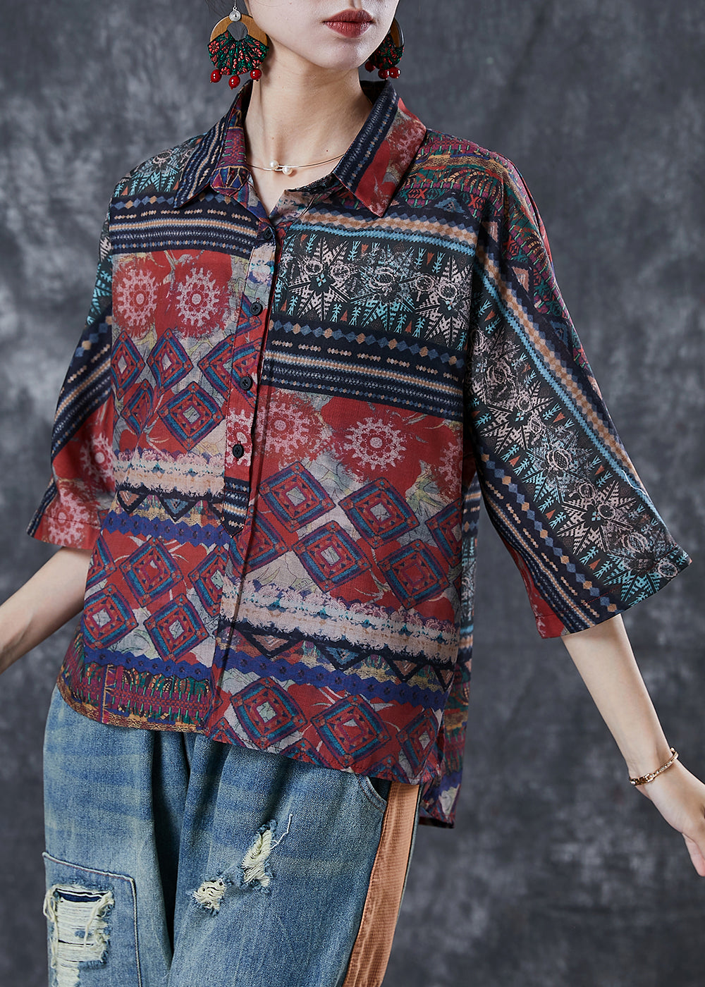 Style Oversized Print Linen Shirts Bracelet Sleeve