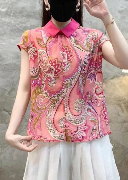 Pink Peter Pan Collar Print Cotton Tops Summer