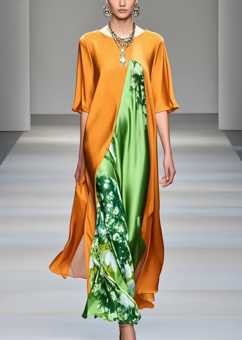 Orange Oversized Patchwork Silk Dresses Half Sleeve