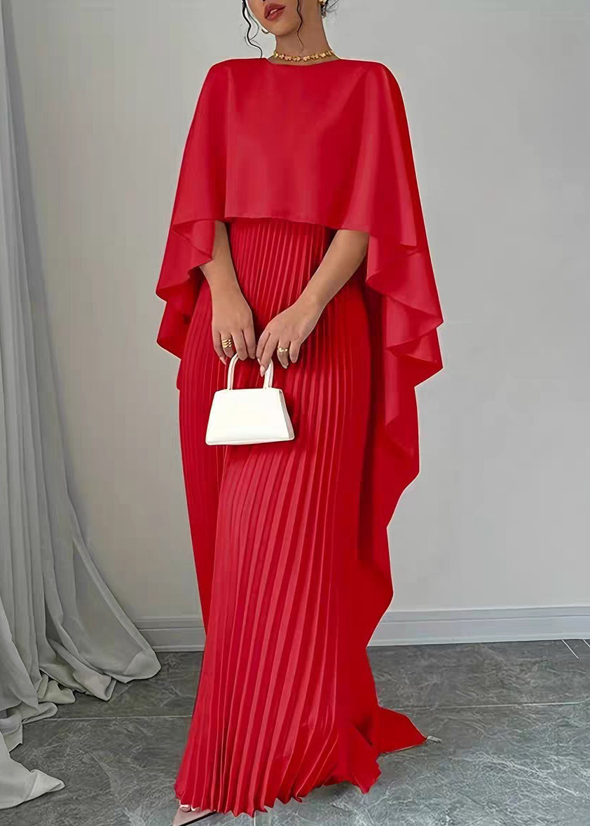 Red Wrinkled Long Dress Batwing Sleeve