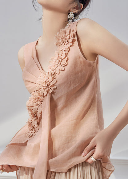 New Pink V Neck Linen Shirt Tops Sleeveless