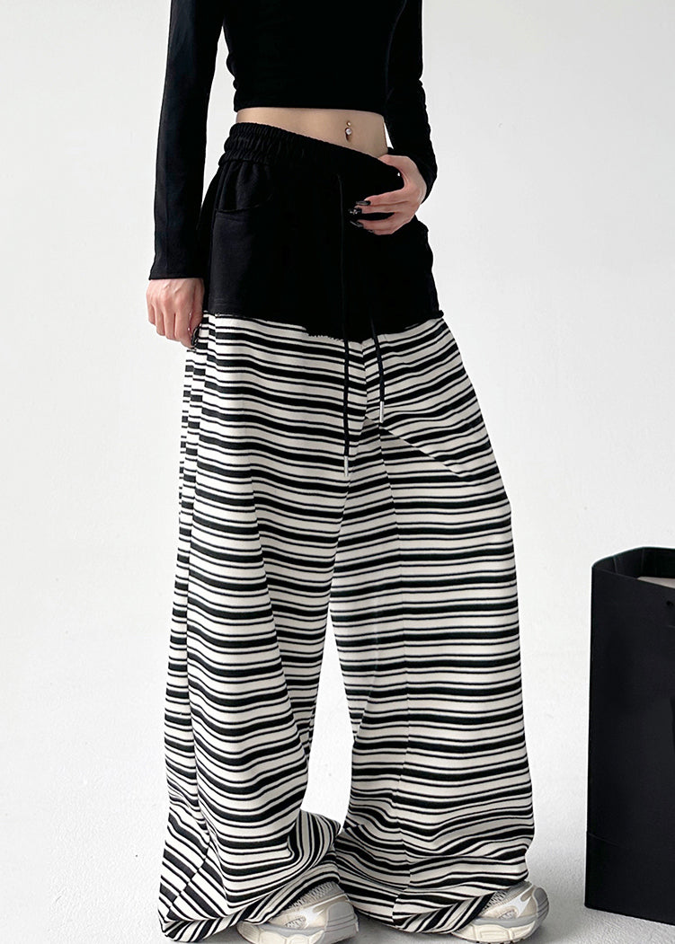 Black White Striped Pockets Tie Waist Wide Leg Pants Sprin