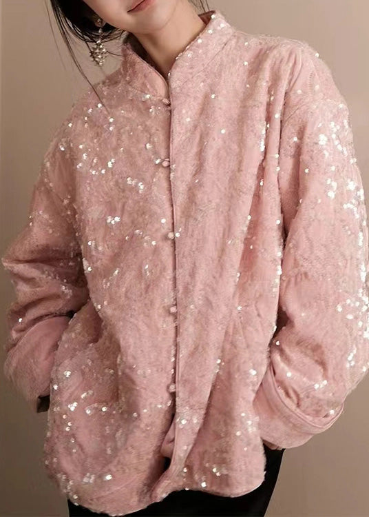 Pink Sequins Button Silk Velvet Coats Long Sleeve
