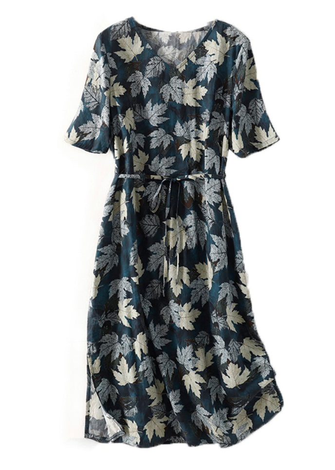 Blue V Neck Print Tie Waist Cotton Dress Summer