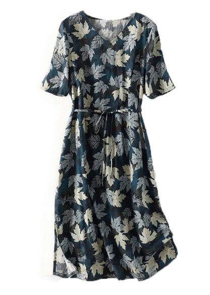Blue V Neck Print Tie Waist Cotton Dress Summer