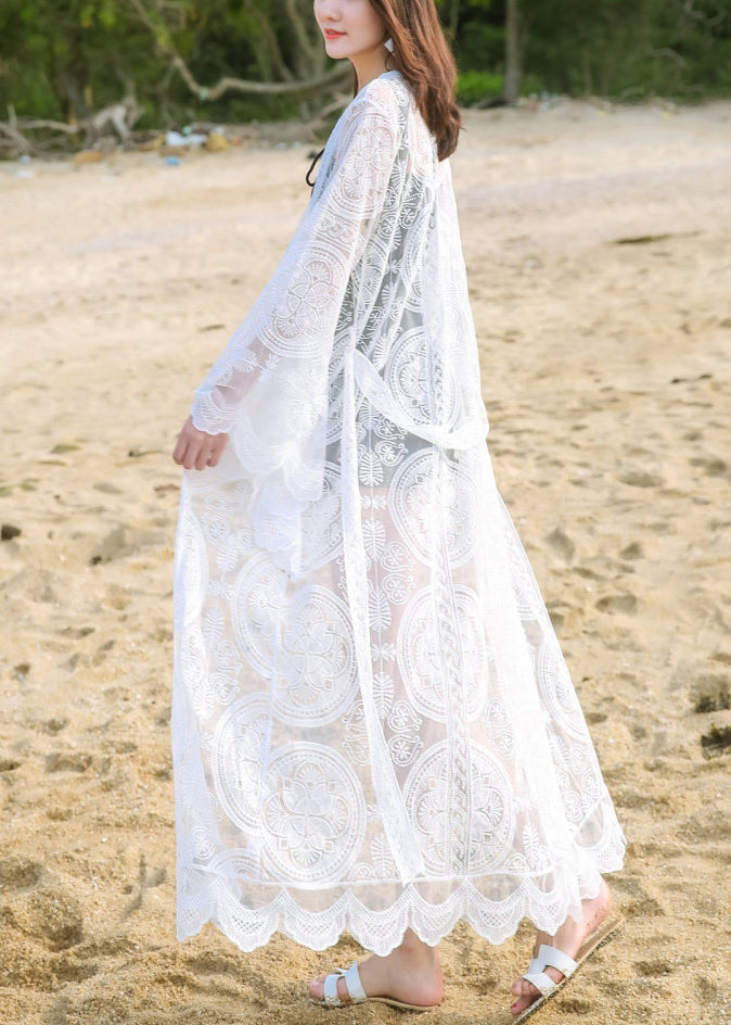White Embroidered Tie Waist Lace Loose Cardigans Summer