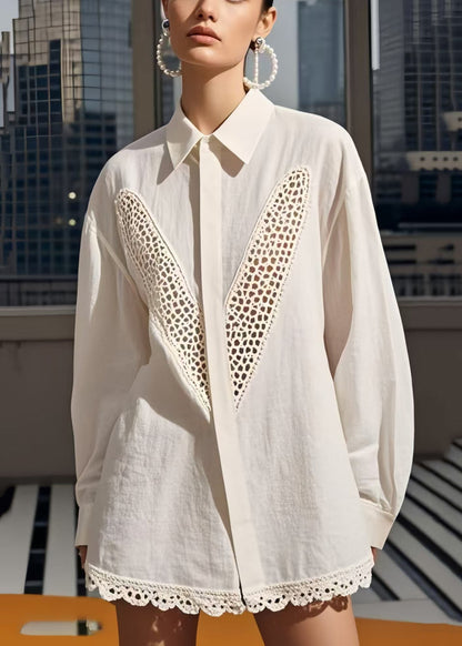 White Patchwork Cotton Shirts Hollow Out Spring