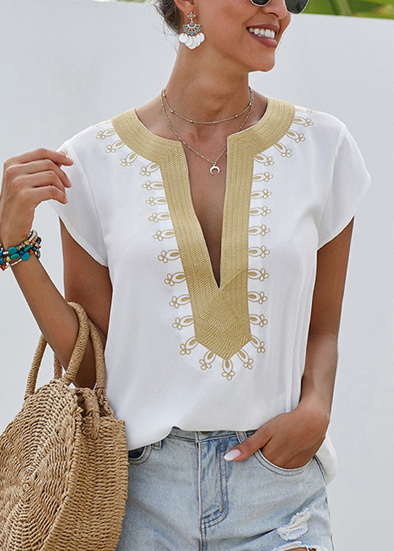 White Print Tops Short Sleeve
