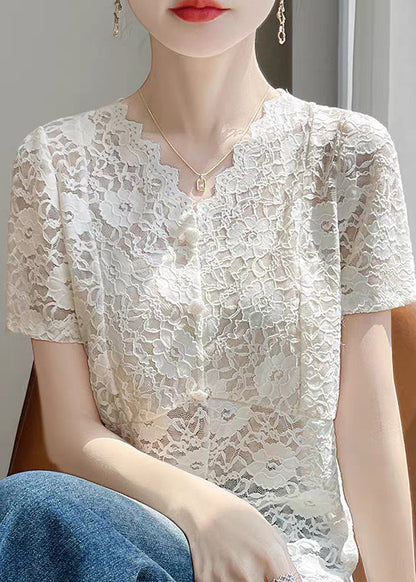 Art Beige V Neck Side Open Lace Shirts Summer
