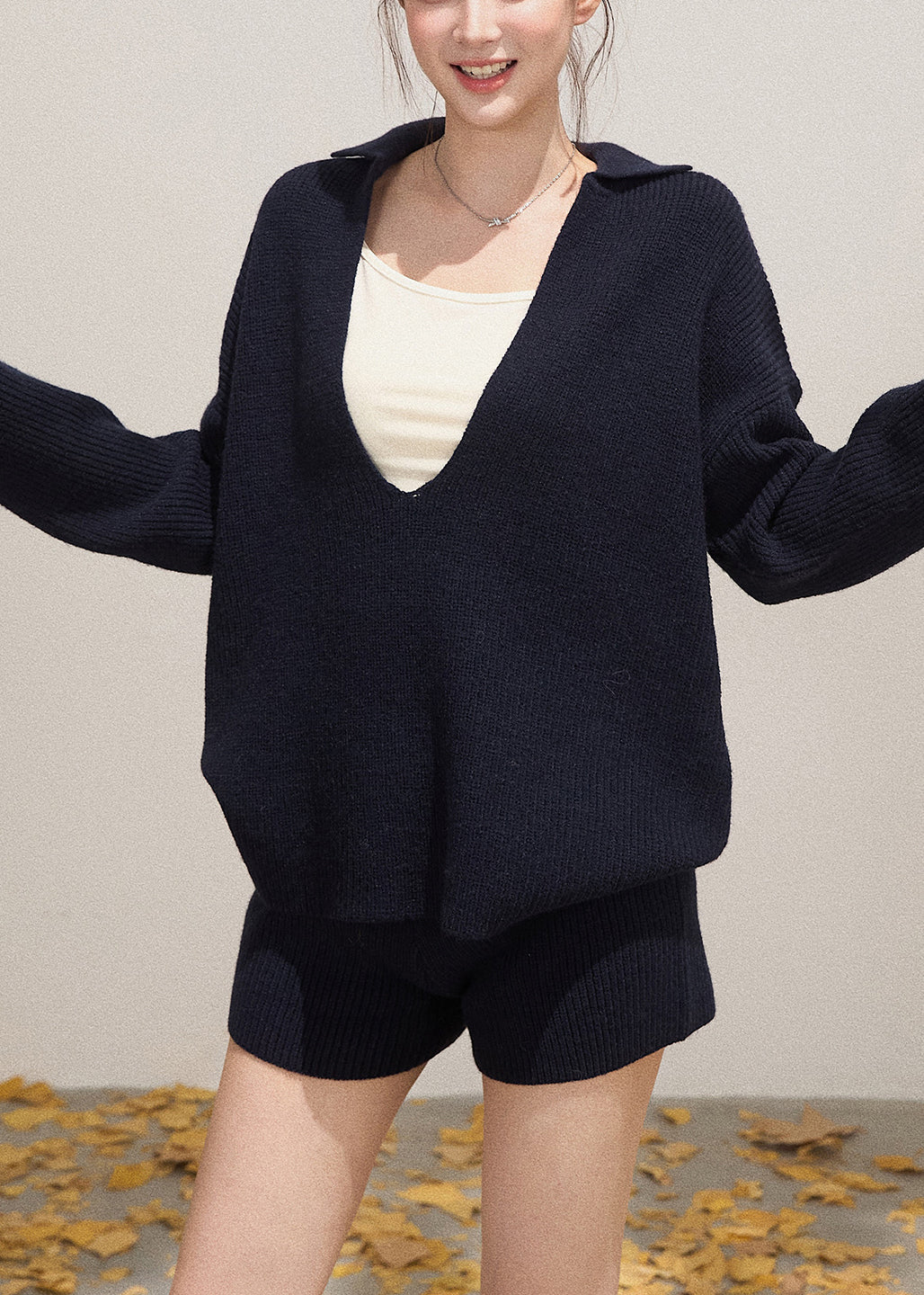 Navy Deep-v Neck Knit Two-piece Set Fall