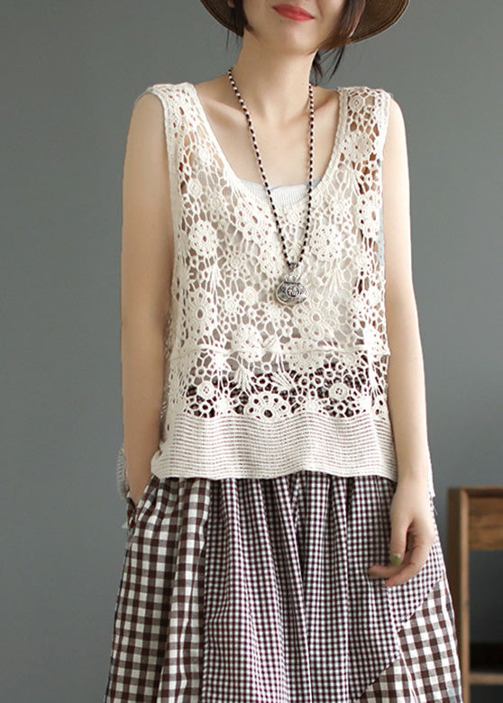 Simple Beige O-neck Patchwork Cotton Vest Sleeveless