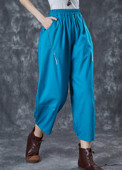Blue Loose Linen Harem Pants Embroidered Summer